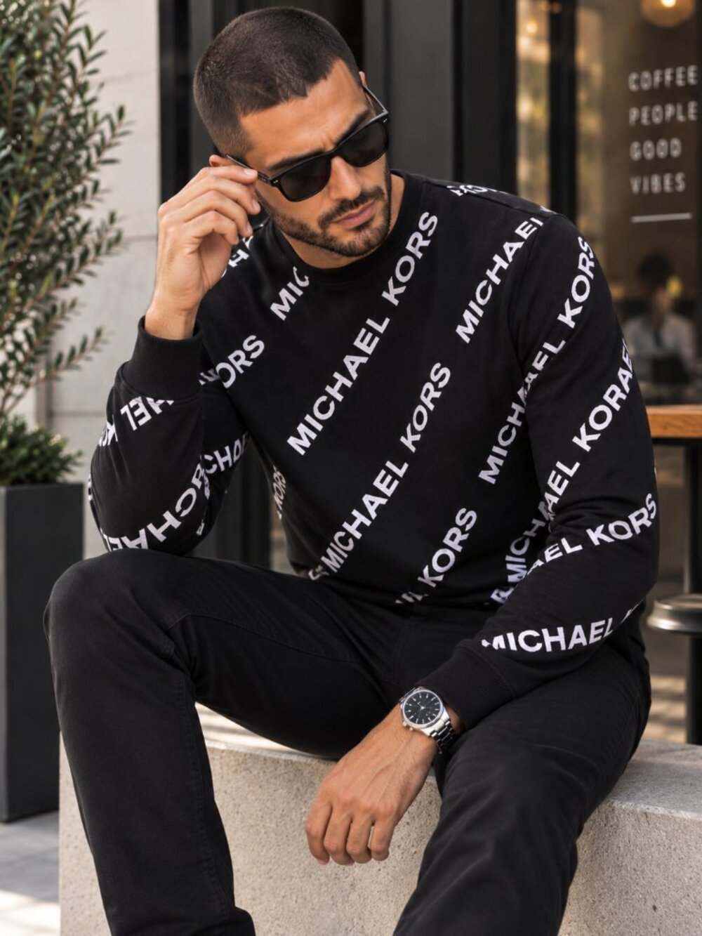 Michael Kors Men’s Black Allover Logo Crewneck Sweatshirt Size M